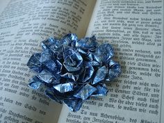 a blue flower sitting on top of an open book