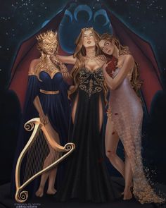 three women dressed up as witches and one holding a harp in front of a night sky