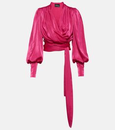 Find COSTARELLOS Mouglalis Wrap Satin Blouse on Editorialist. Material: 100% polyester. Care instructions: dry clean. Made in Greece. Designer color name: Fuchsia. Closure: self-ties. Hair Ponytail Styles, Classy Work Outfits, Ponytail Styles, Bishop Sleeve, Satin Blouse, Day To Night, To Night, Pink Blouse, Pink Satin