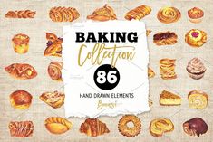 bakery sale poster with baked goods on the linen background, hand drawn elements for your design