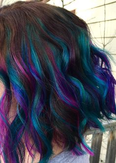 Pink, purple, and teal balayage highlights. Hair and makeup by jaidyn perkins. Joico intensity hair color. Galaxy Highlights, Teal Balayage, Women Hair Cuts, Teal Eyeshadow, Purple Hair Highlights, Highlight Ideas, Galaxy Hair