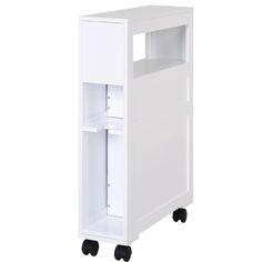 a white cabinet with wheels on the bottom and an open door in the middle, against a white background