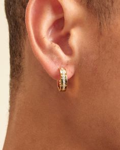 An icy upgrade to our classic hoops: the gold Studded Inset Hoop Earrings have 42 impeccably handset diamond simulants in a 14k gold and 925 sterling silver setting. These pavé-style men’s earrings will make your fit stand out. Gold Earrings For Men, Mens Earrings Hoop, Diamond Simulant, Mens Gold, Gold Hoops, The Gold, Cz Stone, Gold Studs, Gold Earrings