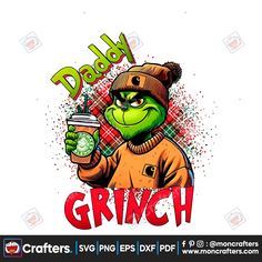 the grinch is holding a drink in his hand and wearing a knitted hat