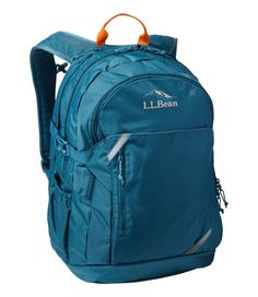 a blue backpack with an orange handle on the front and side pocket, it is attached to