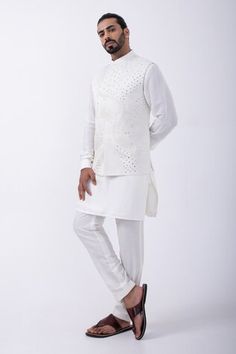 Ivory bam silk kurta with front buttoned placket. Comes with ivory cotton silk pyjama and a suiting bundi jacket with mirror and thread embroidered lotus. - Aza Fashions Pajama Pattern, Nehru Jackets, Kurta With Pants, Silk Pajamas, Jacket Pattern, Mandarin Collar, Cotton Silk, Aza Fashion, Mens Jackets