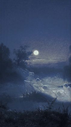 an image of a painting with the moon in the sky above water and trees on land