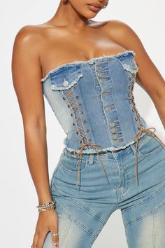 Available In Light Wash. Denim Corset Top Strapless Button Down Lace Up Detail 2 Chest Pocket Details Raw Hem Cropped Stretch Disclaimer: To Keep The Aesthetic Of This Garment, Please Follow The Care Instructions Carefully. Disclaimer: Due To The Wash Process, Each Garment Is Unique. 65% Cotton 33% Polyester 2% Elastane Imported | All In Denim Corset Top in Light Wash size XS by Fashion Nova Blue Denim Strapless Corset, Spring Denim Blue Strapless Corset, Denim Blue Strapless Spring Corset, Spring Blue Denim Corset, Strapless Denim Blue Corset For Spring, Denim Blue Summer Corset, Y2k Denim Blue Denim Top, Strapless Denim Summer Corset, Y2k Style Denim Top