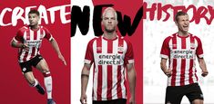 three different soccer players in red and white uniforms with the words create history on them