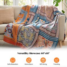 an image of a couch with a blanket on it and the words versatily showcase $