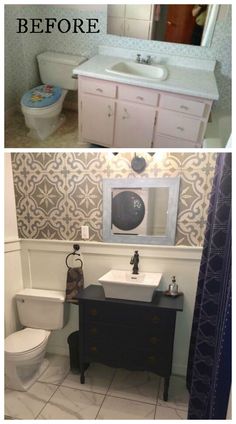 before and after photos of a bathroom remodel with white walls, black countertop sink, and toilet