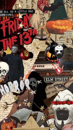 a collage of halloween related items including pumpkins, skulls and ghost faces with words friday the 13th