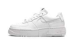 The Women’s Nike Air Force 1 Pixel “Triple White” uses subtle pixel detailing to update the iconic model.  This modified AF1 is highlighted by the mashup of pixelated detailing on the midsole, as well as oversized heel tabs and square-shaped lace eyelets.  Taking things a step further, the branding on the tongue and heel tab sport geometric "NIKE" and "AF1" graphics.  This Nike Air Force 1 "Pixel" comes in a all-white colorway and is offered in women's sizing. Af1 Pixel, Air Force 1 Pixel, 1 Pixel, Nike Air Force 1 Custom, Air Force 1 Custom, High Heel Sneakers, Casual Sneakers Women, Stadium Goods, Sneaker Games