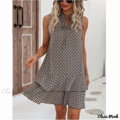 Olivia Mark - Sleeveless Printed Dress with Tie-neck Collar Sleeveless Skirt, Grey Midi Dress, Mini Dress Fashion, Belted Midi Dress, Cotton Blends Dress, Sleeveless Dress Summer, Linnet, Ruffle Mini Dress, Asymmetrical Skirt