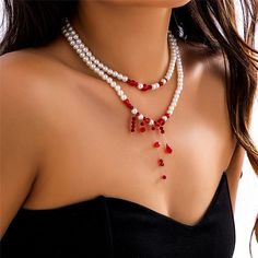 Features: Expertly crafted with a unique multilayer design, this choker necklace features a stunning blood pattern imitation pearl pendant. Perfect for women looking to add a touch of gothic elegance to their bridal or Y2K look. Make a statement with this one-of-a-kind piece of jewelry. Pearl Cosplay, Long Snake, White Beaded Necklaces, Pendant Choker Necklace, Pearl Chain Necklace, Y2k Jewelry, Snake Pendant, Pendant Choker, Gothic Necklace