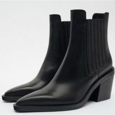 New With Tags, Size 7.5 / Eu 38 Chic Chelsea Boots With Reinforced Heel For Work, Chic Closed Toe Mid-calf Boots For Fall, Chic Mid-calf Fall Boots, Chic High Heel Chelsea Boots For Fall, Chic Chelsea Boots In Calf Leather With Medium Width, Chic Chelsea Boots In Calf Leather Medium Width, Chic Chelsea Boots With Pointed Toe For Winter, Chic Pointed Toe Chelsea Boots For Winter, Fall Office Chelsea Boots With Pointed Toe