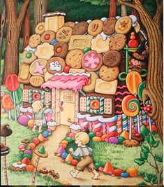 a painting of a house made out of cookies and other things in the woods with trees