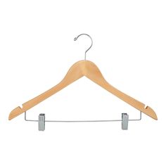 a wooden hanger with two clips on it