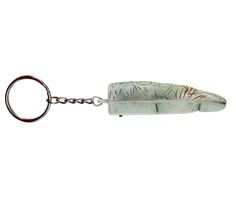 a keychain with a white tiger print feather on it's side and a metal hook