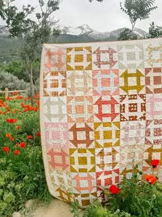 a patchwork quilt in the middle of a field with red poppies and mountains in the background