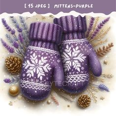 two purple mittens with white snowflakes on them and pine cones in the background