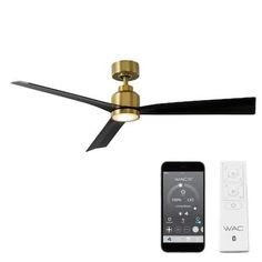 a ceiling fan with remote controls and an appliance next to it on a white background