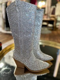 Bring on the holidays with these amazing rhinestone boots! 11.75 inch tall shaft wide calf 13 inch shaft 16 inch shaft circumference 3.25 inch heel Full inside zipper Corkys ultra comfort footbed Fit true to size. If you are a half size, size up. Hoco Shoes, Cute Shoes Boots, Sparkly Boots, Rhinestone Boots, Concert Wear, Cropped Denim Jacket, Horse Stuff, Trend Forecasting, Taylor Swift Style