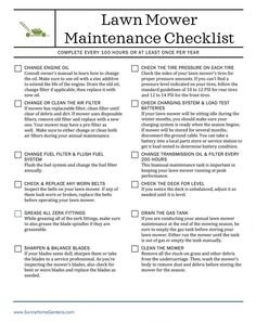 the lawn mower maintenance checklist is shown in this printable form, with instructions for