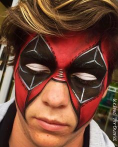 Deadpool 3/4 mask face design Kids Halloween Makeup Ideas, Boys Halloween Face Paint, Deadpool Face Paint, Deadpool Face, Fairy Face Paint, Spiderman Face, Face Painting Tips