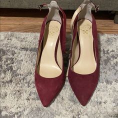 Gorgeous Burgundy Ankle Strap Heels. Never Worn. Size 6 Burgundy Ankle Strap Heels With Wrapped Heel, Burgundy Heels With Wrapped Heel And Ankle Strap, Burgundy Suede Closed Toe Heels, Burgundy Heels With Red Sole, Burgundy High Heels With Red Sole, Burgundy Suede Pointed Toe Heels, Chic Burgundy Suede Heels, Chic Burgundy Heels With Red Sole, Vince Camuto Shoes