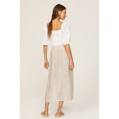 Off-white stripe linen (100% Linen). A-line. Front button closure. 34" from waist  to hemline. Imported. Chic Striped Linen Bottoms, White Linen Skirt For Day Out, Linen Lined Skirt For Vacation, White Linen Lined Skirt, Chic White Linen Skirt, Elegant Striped Linen Bottoms, Summer Linen Bottoms With Vertical Stripes, Striped Linen Bottoms For Day Out, Striped Linen Bottoms For Spring