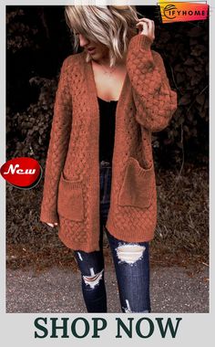 Brown Open Front Woven Texture Knitted Cardigan with Pockets Brown Long Sleeve Open Knit Outerwear, Knit Cardigan With Pockets For Fall, Fall Knit Cardigan With Pockets, Brown Open Front Sweater With Pockets, Fall Brown Open Knit Sweater, Open Knit Long Sleeve Outerwear, Fall Knit Sweater With Pockets, Winter Long Sleeve Open Knit Sweater Coat, Long Sleeve Open Knit Outerwear