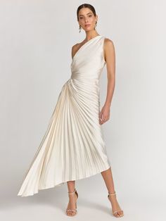 One Shoulder Pleated Asymmetrical Dress - Dress Forum | New York & Company Satin Pleated Dress, Pleated Satin Dress, Engagement Party Dresses, Asymmetric Dress, Minimalist Dresses, Jeans Tops, Dresses Pants, Hem Style, Jacket Brands