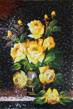 a painting of yellow roses in a vase on a mosaic tile tablecloth with black background