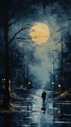 a painting of a man walking down a street at night with a full moon in the background