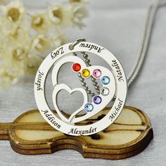 Moms Heart in Heart Necklace with Kids Names Birthstones Necklace, Mothers Jewelry, Necklace With Kids Names, Birthday Stone, Jewellery Diy, Name Necklace Silver, Necklace Chain Types, Personalised Jewellery, Kids Names