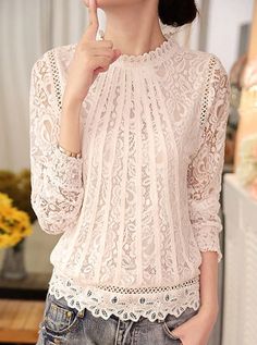 Feminine Embroidered Beige Tops, Spring Tops With Lace Trim, Beige Blouse With Lace Patchwork For Spring, Spring Beige Blouse With Lace Patchwork, Pink Long Sleeve Tops With Lace Patchwork, Feminine Long Sleeve Embroidered Tops, Spring Lace Blouse With Crew Neck, Pink Long Sleeve Top With Lace Patchwork, Spring Crew Neck Blouse With Lace Patchwork