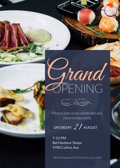 a flyer for a grand opening with plates of food on the table and in front of it