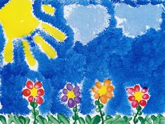 a child's drawing of flowers in front of a blue sky with the sun