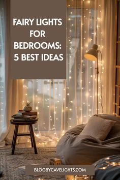 a bedroom with fairy lights on the wall and bed in front of it, text overlay