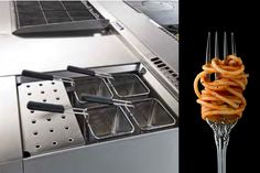 there are two different types of pasta on the same fork and in front of an oven