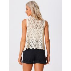 This hollow-out sleeveless cardigan is designed with delicate floral crochet and solid color, offering a sweet and playful look that's perfect for the outdoors. You can match this cardigan with a simple camisole to maximize your wardrobe options. Made with soft fabric, this crochet cardigan is lightweight and breathable, perfect for a day at the beach or poolside lounging. The crochet hollow-out design adds a touch of bohemian charm and allows for a cool breeze to flow through. Spring Hollow Out Lace Crochet Top, Spring Lace Crochet Top With Hollow Out Details, Casual Lace Patchwork Sleeveless Tank Top, Casual Hollow Out Sleeveless Tank Top, Spring Hollow Out Tank Top, Spring Summer Hollow Out Crochet Top, Casual Hollow Out Sleeveless Top, Casual Sleeveless Hollow Out Top, Spring Crochet Lace Top For Day Out