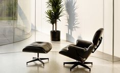 an eames lounge chair and ottoman in front of a large window with potted plants