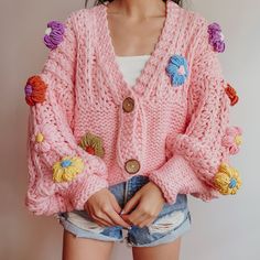 Chunky Knit Daisy Cropped Cardigan (3 Colors) Spring Cropped Long Sleeve Sweater With Buttons, Spring Long Sleeve Cropped Sweater With Buttons, Trendy Knitted Cropped Sweater For Spring, Cute Chunky Knit Sweater For Spring, Playful Knitted Spring Sweater, Playful Knitted Sweater For Spring, Playful Spring Knitted Sweater, Pink Cozy Cropped Sweater For Spring, Cozy Pink Cropped Sweater For Spring