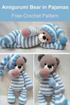 an amigurm bear in pajamas is laying on its side and holding the arm of another stuffed animal