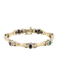 14K Yellow GoldFeaturing 0.74 Carat Oval Emerald, 1.22 Carat Oval Ruby & 1.83 Carat Oval Sapphire Cabochons Classic Oval Multi-stone Bracelet, Jewelry Bracelets, Ruby, Emerald, Sapphire, Bracelet, Yellow, Jewellery Bracelets