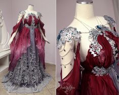 Armor Gown, Gaun Abad Pertengahan, Burgundy Gown, Armor Dress, Maroon Lace, Chique Outfits, Fantasy Dresses, Fantasy Gowns, Medieval Dress