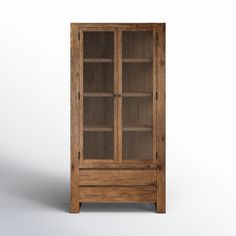 a wooden cabinet with glass doors on the front and bottom shelves, against a white background