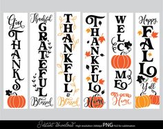 four halloween banners with pumpkins, leaves and words that spell out the word happy thanksgiving