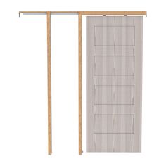 an open sliding door with wooden slats on the bottom and side panels, in front of a white background